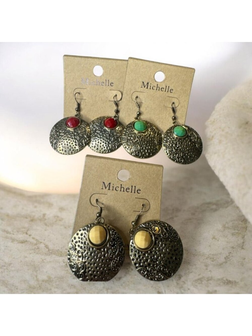 Michelle Goldtone Dangling Earrings With Red & Green Stone Accents Ornate Swirl